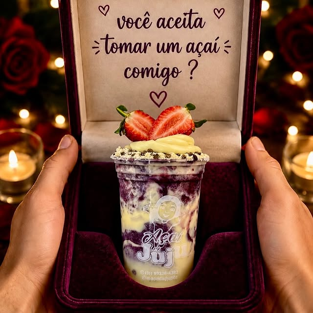 Copo de açaí trufado servido em uma caixinha de presente